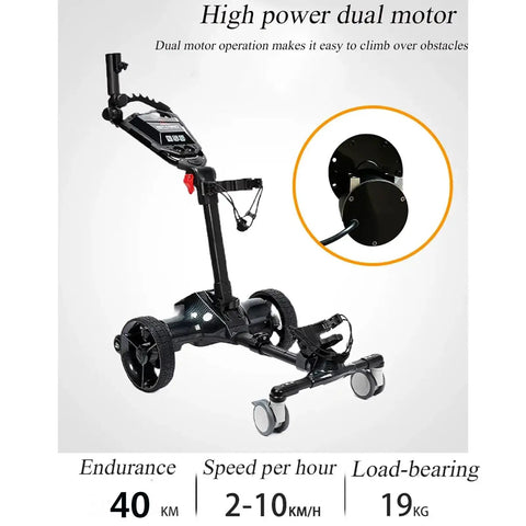 Foldable Smart Electric Golf Cart With Automatic Following Tech and Killer Stability for a smooth course roll, showcasing dual motor and aluminum frame.
