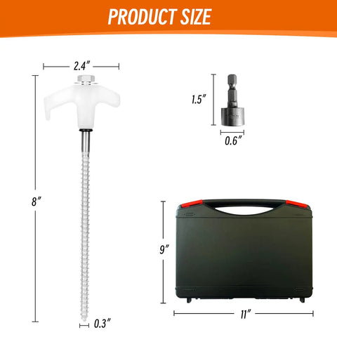 Heavy Duty 12 Pack Tent Stakes 8 Inch Ground Anchors Screw In With Glow In The Dark Heads, hex head driver, storage box sizes
