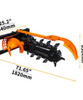 Workhorse Skid Steer Trencher Attachment with beefy steel frame and tungsten carbide teeth, dimensions shown.