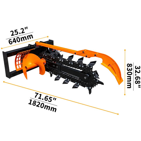 Workhorse Skid Steer Trencher Attachment with beefy steel frame and tungsten carbide teeth, dimensions shown.
