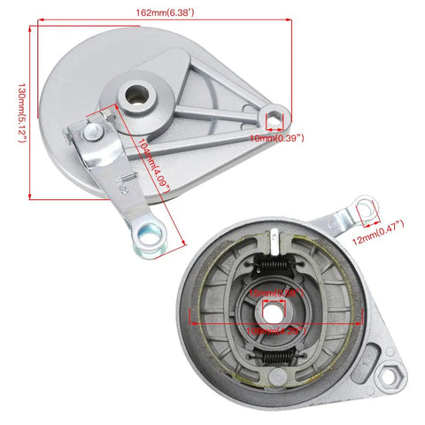 Mini Bike Drum Brake Assembly With Cover Shoes Replacement dimensions diagram MB165 MB200 196cc 200cc 6.5HP