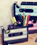 Retro Cassette Tape Dispenser And Pen Holder Desk Organizer With Vase And Pencil Pot, holds pens and stationery, black.