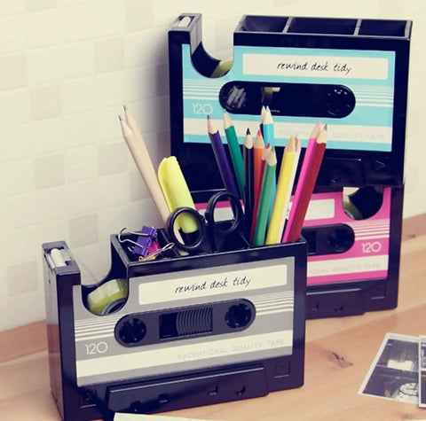 Retro Cassette Tape Dispenser And Pen Holder Desk Organizer With Vase And Pencil Pot, holds pens and stationery, black.