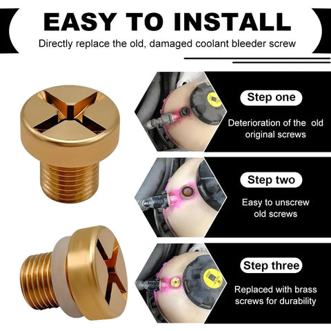 Heavy Duty Radiator Coolant Expansion Tank Bleeder Screw With Rubber O Ring, brass screw for BMW installation steps visible.