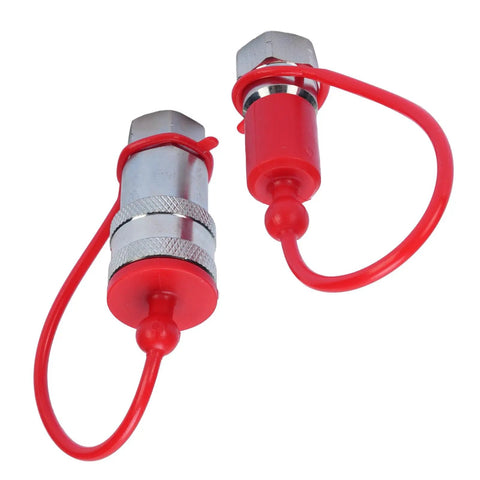 Heavy Duty Hydraulic Quick Connect Coupler One Quarter Inch Npt 4000 Psi Hardened Steel Fitting Dust Caps Included Leak Proof Secure Lock Works Well For Big Tasks Demand Real Deal Specs And Kick Ass Performance, two couplers with red dust caps