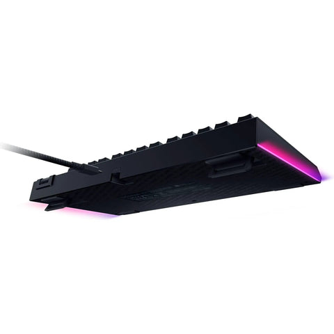 Premium Compact 75 Percent Layout Mechanical Gaming Keyboard Featuring Hot Swap Orange Tactile Switches Solid Aluminum Chassis underside view with RGB lighting