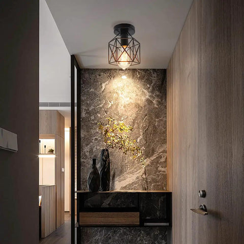 All Black Rustic Industrial Farmhouse Flush Mount Ceiling Light Fixture With E26 Socket UL Listed Four Pack in modern hallway.