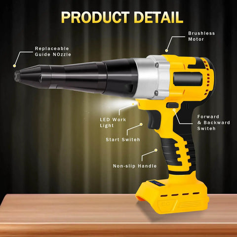 Brushless Electric Rivet Gun Compatible With Dewalt 20V Battery For Seamless Metal Joining Tasks Includes details like a non-slip handle and LED light.