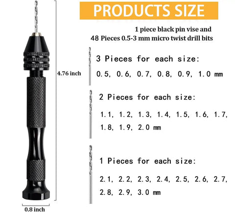 62 Piece Pin Vise Hand Drill Bits Set Micro Twist Kit With Clamp size details and included drill bits