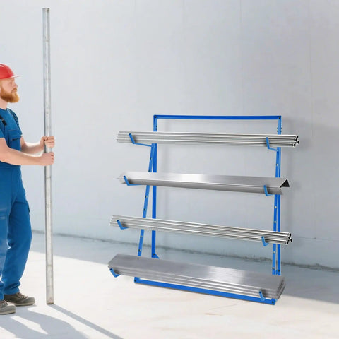 Legit Heavy Duty Steel Cantilever Storage Rack With 440 Lb Capacity Adjustable Arms holding metal pipes for storage in a workshop.