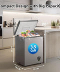 Compact Chest Freezer With Hella Spacious 3.5 Cu Ft Storage And Dang Quiet Cooling Plus Easy Peasy Temp Controls And Solid Grey Frame in a kitchen setting.