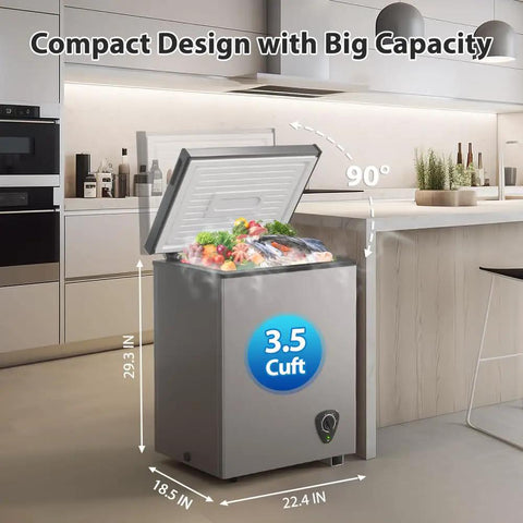 Compact Chest Freezer With Hella Spacious 3.5 Cu Ft Storage And Dang Quiet Cooling Plus Easy Peasy Temp Controls And Solid Grey Frame in a kitchen setting.