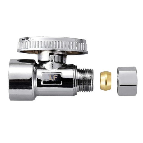 Built Like A Tank Lead Free Brass Water Angle Stop Valve Two Pack 1/2 Inch FIP To 3/8 Inch OD Compression Quarter Turn Chrome Shut Off Fitting Smooth Crisp Action For DIY, chrome angle stop valve with connector.