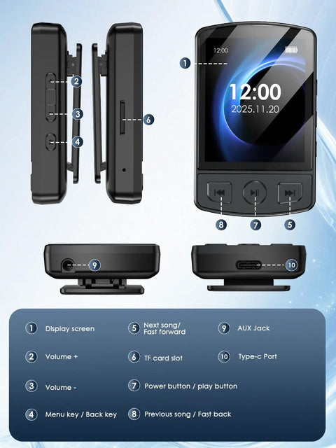Clip-On 64GB MP3 Player With Bluetooth 5.2 On-The-Go Music Player features and buttons layout.