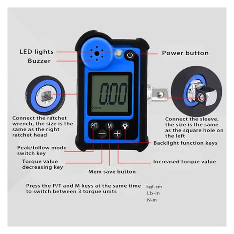 Digital Torque Meter Adapter For Ratchet Wrench With LCD Display Measures 6.8 To 340 Nm And Switches Between Kg Cm Newton Mm And Lbf In For Precise Fastener Tightening Control