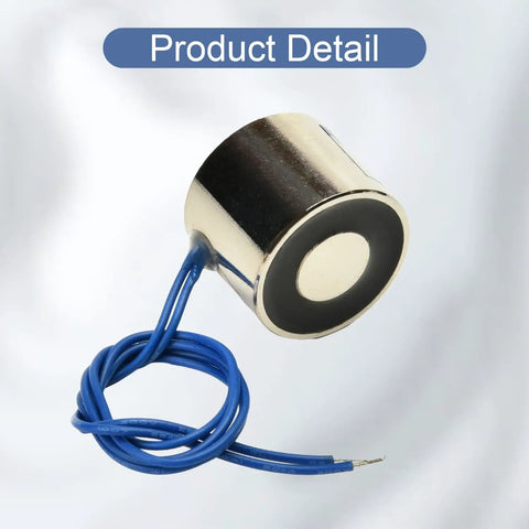 12V DC Electric Lifting Magnet 50N Solenoid Electromagnet with blue wires, compact size 25mm by 20mm in industrial use