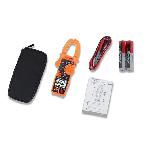 Auto Ranging Clamp Meter For Electricians, Measures AC Current Up To 600A And AC And DC Voltage Up To 600V, NCV Detection, shown with accessories