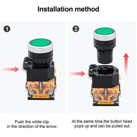 Installation steps for Two Pack Red And Green Momentary Push Button Switch Self Reset 1NO 1NC DPST Ui 690V Ith 10A