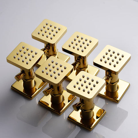 Polished gold six piece adjustable massage body shower jets in wall shower system with independent flow control on display