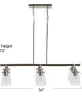 Six Light Industrial Linear Chandelier With Seedy Glass Diffusers In Brushed Nickel Finish, Edison Bulbs Recommended, 34 inches wide