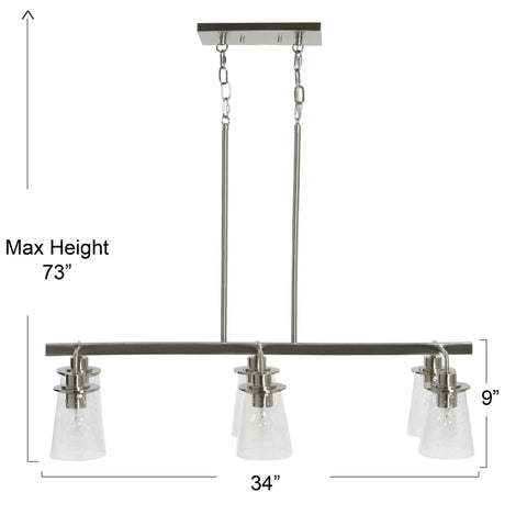 Six Light Industrial Linear Chandelier With Seedy Glass Diffusers In Brushed Nickel Finish, Edison Bulbs Recommended, 34 inches wide