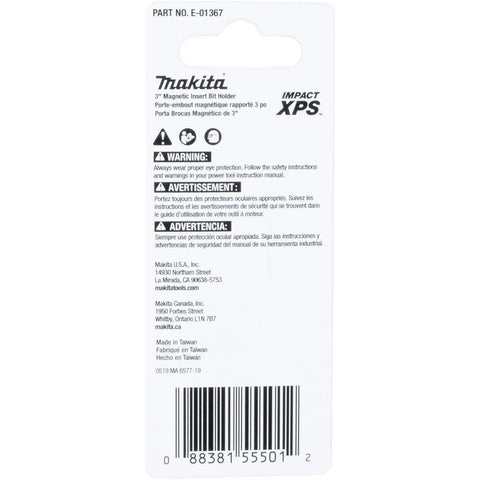 Back packaging of Impact XPS 3-Inch Magnetic Insert Bit Holder with warnings and barcode