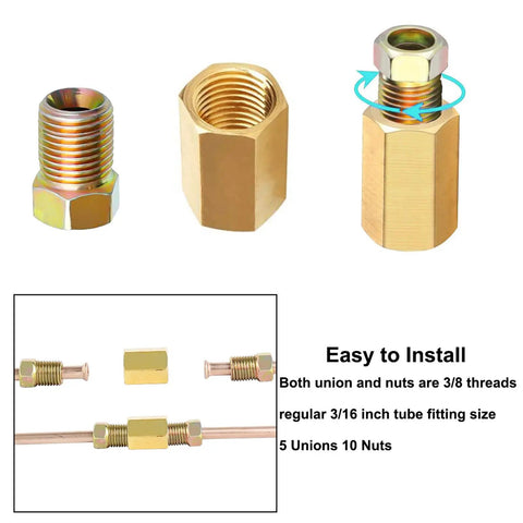 Heavy Duty Brake Line Fittings Kit For 3/16 Inch Tube With 5 Inverted Flare Unions And 10 Nuts, 3/8-24 Threads, Rustproof, Easy Install