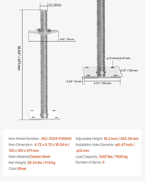 Four Pack Beefy Adjustable Leveling Jacks For Baker Style Scaffolding, 18.2 Inch Height Range, 3307 Lb Total Load Capacity