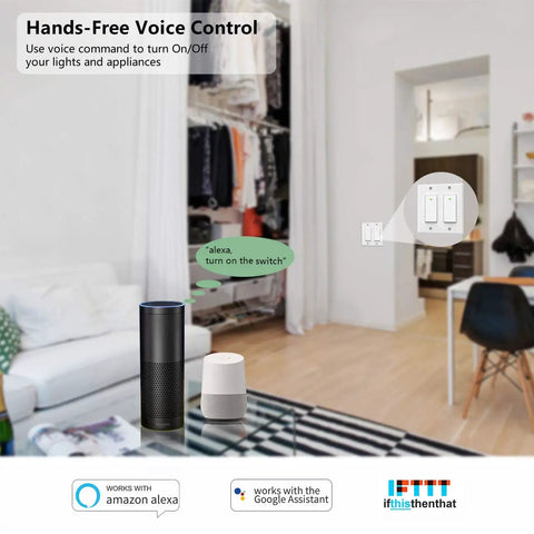 Living room with Alexa and Google Assistant enabled Two Gang WiFi Smart Light Switch for Single Pole Lighting shown on wall.