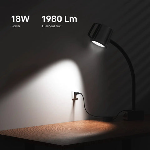 18W LED Lathe Light with 1800 Lumens illuminating a table, flexible magnetic mount, sleek aluminum body design