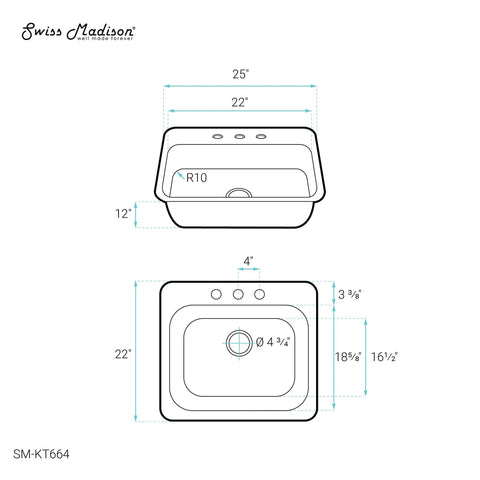 Technical diagram of Ouvert 25 By 22 Inch Stainless Steel Kitchen Sink Single Basin Top Mount With Rear Center Drain 18 Gauge