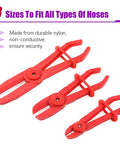 3 Piece Hose Pinch Off Pliers Set Durable Nylon Non Conductive Clamp Pliers With Adjustable Jaw Opening For Automotive Hoses And Lines Including Fuel Gas Brake Coolant And Radiator, showing three red pliers of different sizes.