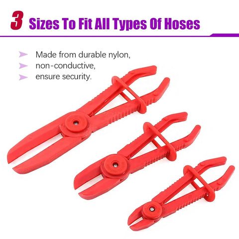 3 Piece Hose Pinch Off Pliers Set Durable Nylon Non Conductive Clamp Pliers With Adjustable Jaw Opening For Automotive Hoses And Lines Including Fuel Gas Brake Coolant And Radiator, showing three red pliers of different sizes.