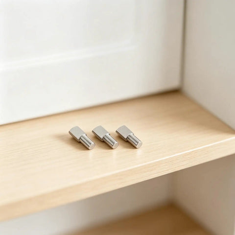 Heavy Duty 80 Piece 5mm Iron Shelf Pegs Nickel Plated Spoon Shape Cabinet Supports shown on wooden shelf