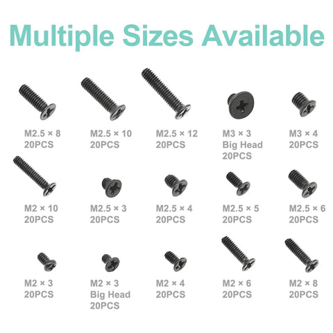 Top Shelf 300 Piece Black Laptop Screw Kit For Notebooks And Desktop Computers Steel Replacement Hardware For Dell Hp Mac Lenovo No Sweat Quick Repair Set showing various black screws in multiple sizes for repair.