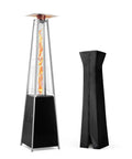 Backyard Hangout Ready 48,000 BTU Pyramid Flame Patio Heater With Cover, featuring durable wheels and weatherproof black finish.