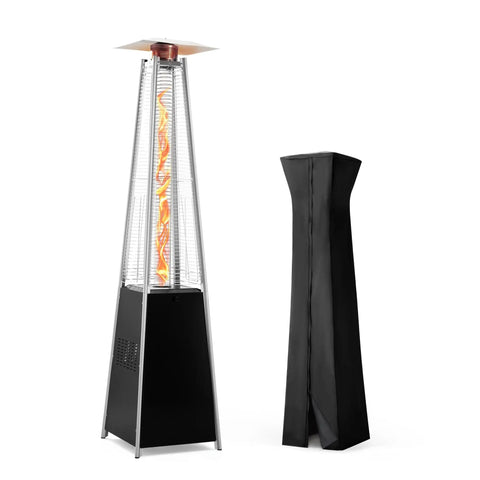 Backyard Hangout Ready 48,000 BTU Pyramid Flame Patio Heater With Cover, featuring durable wheels and weatherproof black finish.