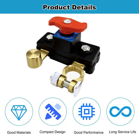 Car Battery Power Cutoff Switch Breaker With Pure Copper High Conductivity showing brass construction, rotary switch, and compact design.
