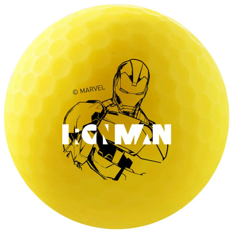 Vivid Marvel Golf Ball Gift Set Five Pack With Officially Licensed Captain America Hulk Iron Man Thor Spider Man Designs In Bold Colorful Graphics For Fans And Collectors featuring Iron Man graphic on yellow ball
