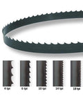 Close-up of Top Shelf Sk5 Carbon Steel Bandsaw Blades Two Pack compatible with Scheppach, showing teeth sizes 4, 6, 10, 14, 18 tpi.