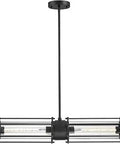 Industrial Style Two Light LED Pendant Light in matte black with clear ribbed glass and sloped ceiling compatible design.