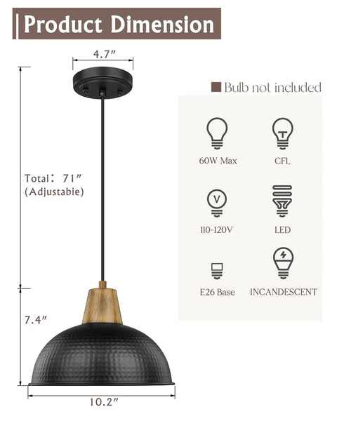 Black pendant light with wood accent, dimensions and bulb type guide, sleek design | Black 4FG58MIL-2 Accessory For Everyday Use