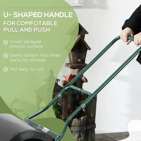User demonstrating U-shaped handle on Lawn Roller For Sod Flattening And Soil Compaction With 16 Gallon Fill Capacity Heavy Duty Adjustable Weight System