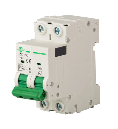 Go-To DC Miniature Circuit Breaker 2 Pole 32 Amp 250V to 500V DC Din Rail Mount With Thermal Magnetic Trip DZ47-63 C32 2P