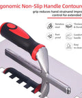 Close-up of Heavy Duty Square Notched Trowel Set 3 Piece Kit with ergonomic handle and stainless steel blade for masonry tiling.