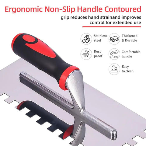 Close-up of Heavy Duty Square Notched Trowel Set 3 Piece Kit with ergonomic handle and stainless steel blade for masonry tiling.