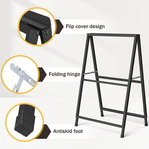 Heavy Duty 24x36 Outdoor A Frame Signs Double Sided Sandwich Board showing flip cover, folding hinge, antiskid foot