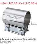 Beefy Stainless Steel 2.5 Inch Butt Joint Exhaust Clamp Set For Pipe To Pipe Connections Heavy Duty Clamp Pair For Mufflers And Catalytic Converters Systems, detailed view of clamp sizes with bolts