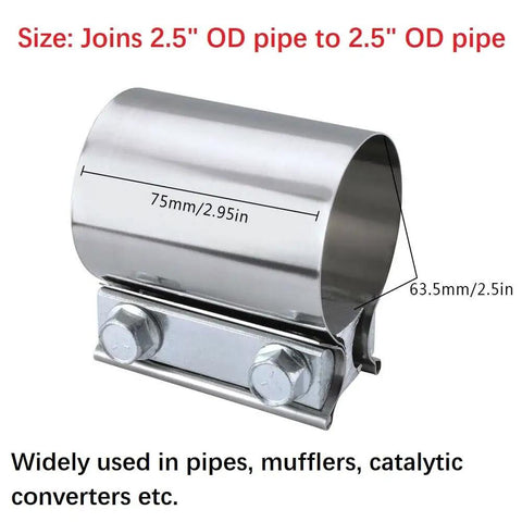 Beefy Stainless Steel 2.5 Inch Butt Joint Exhaust Clamp Set For Pipe To Pipe Connections Heavy Duty Clamp Pair For Mufflers And Catalytic Converters Systems, detailed view of clamp sizes with bolts