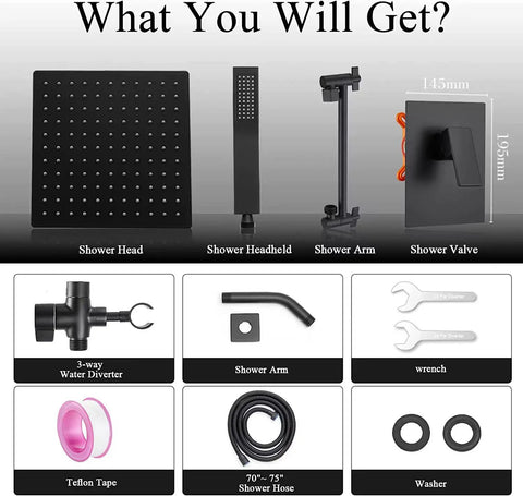Components of All Metal Matte Black Dual Showerhead System With Rainfall Head And Handheld, including valve and accessories.